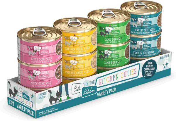 Weruva Cats in the Kitchen Kitchen Cuties variety pack with 12 cans of wet cat food in 4 grain-free flavors including salmon, chicken, and lamb.