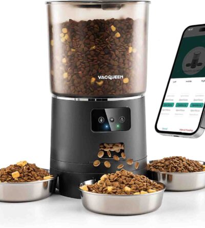VACQUEEN smart automatic cat feeder with three stainless steel bowls and smartphone app control interface