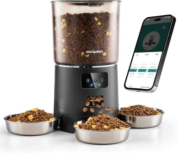 VACQUEEN smart automatic cat feeder with three stainless steel bowls and smartphone app control interface