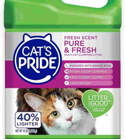 Cat's Pride Pure & Fresh Multi-Cat Clumping Litter jug with green lid, featuring a calico cat, fresh scent, baking soda formula, and 40% lighter weight.