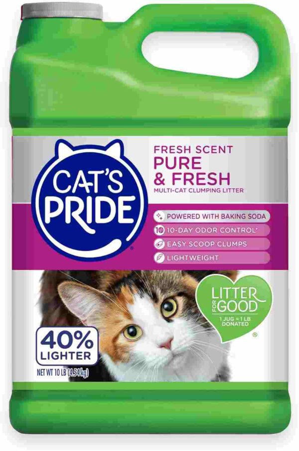 Cat's Pride Pure & Fresh Multi-Cat Clumping Litter jug with green lid, featuring a calico cat, fresh scent, baking soda formula, and 40% lighter weight.