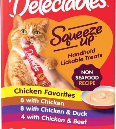 Delectables Squeeze Up Handheld Lickable Cat Treats, 20-count variety pack with Chicken, Chicken & Duck, and Chicken & Beef flavors, non-seafood recipe.