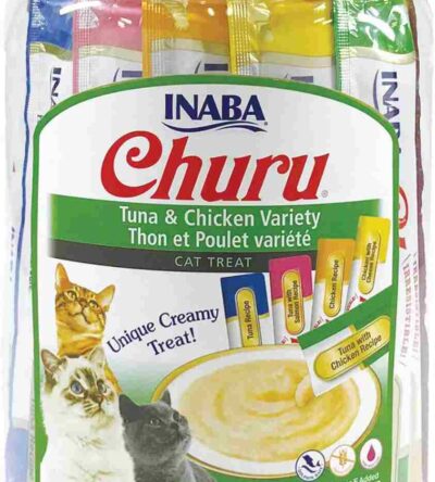 Jar of INABA Churu Tuna & Chicken Variety Cat Treats, 50 tubes, featuring creamy textures and real chicken and tuna recipes for cats.