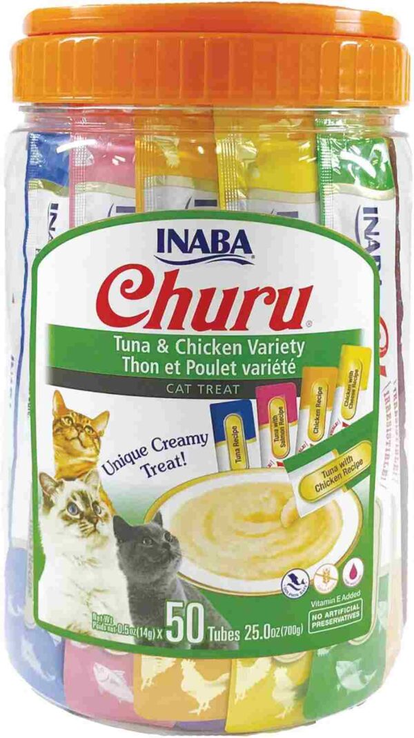 Jar of INABA Churu Tuna & Chicken Variety Cat Treats, 50 tubes, featuring creamy textures and real chicken and tuna recipes for cats.