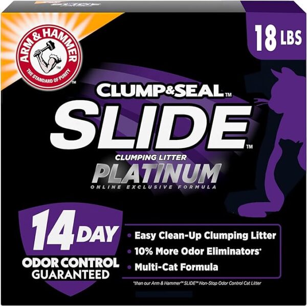 ARM & HAMMER Clump & Seal Slide Platinum clumping cat litter box with 14-day odor control for multi-cat households