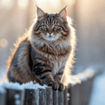 Siberian cat sitting on a snowy fence in a winter forest