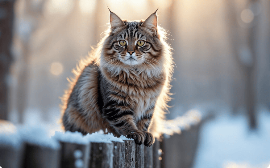 Siberian cat sitting on a snowy fence in a winter forest