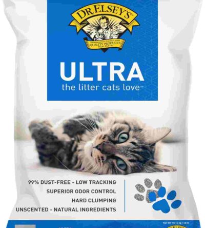 Bag of Dr. Elsey's Ultra Premium Clumping Cat Litter with a tabby cat lying beside it