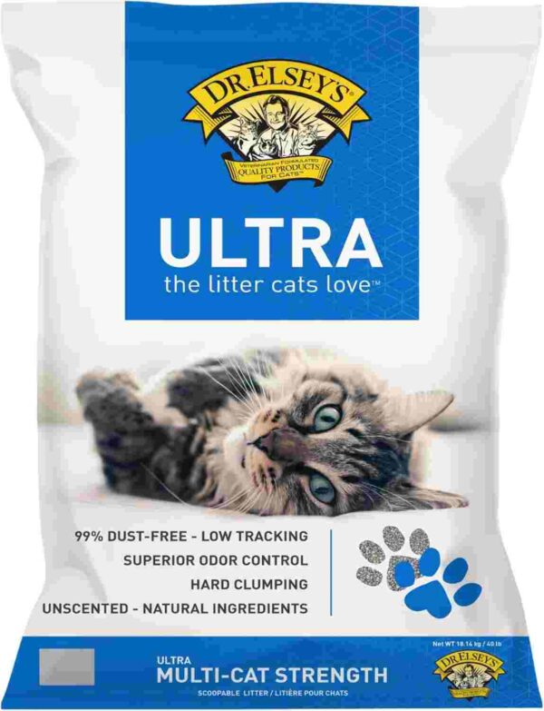 Bag of Dr. Elsey's Ultra Premium Clumping Cat Litter with a tabby cat lying beside it